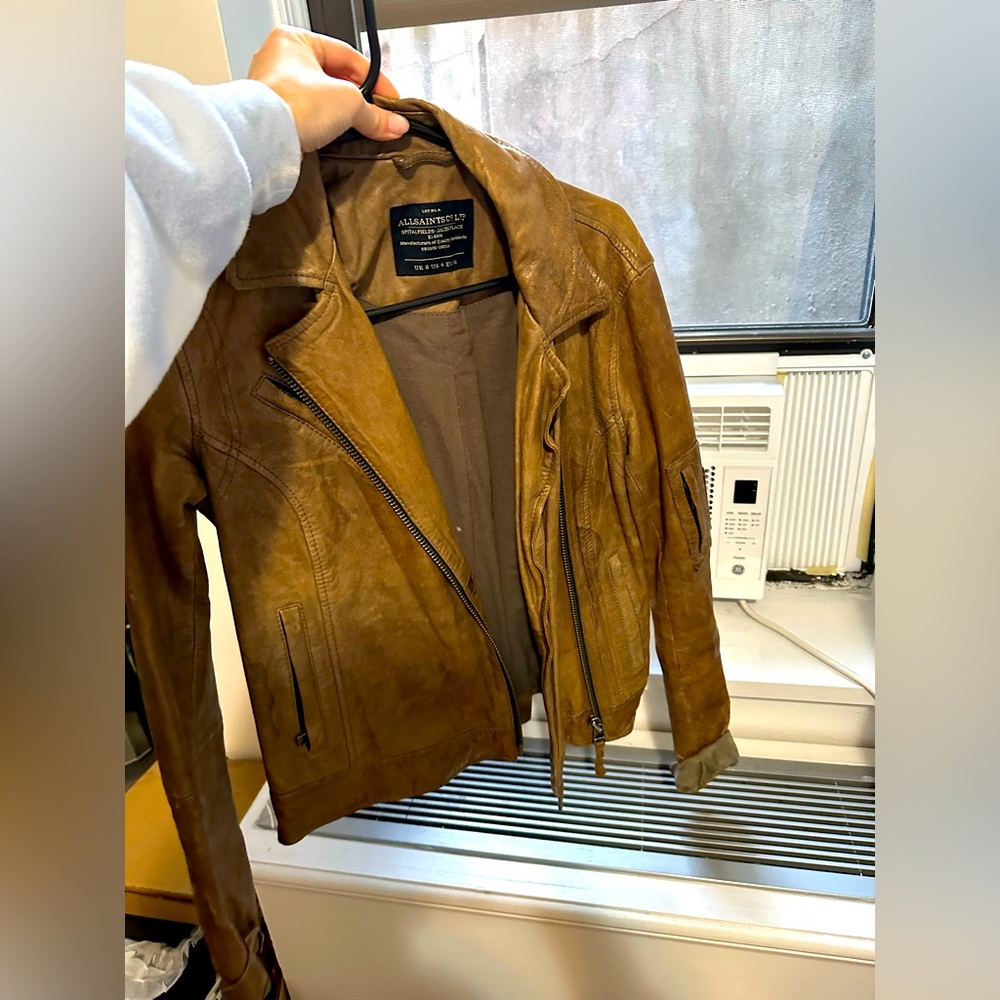 AllSaints brown leather jacket, size 4 US. Great condition.